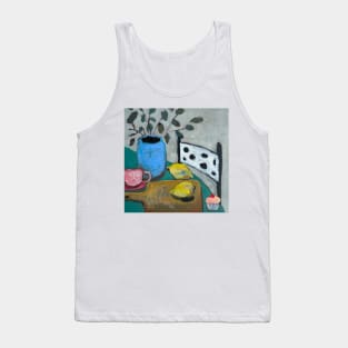 Polka dot chair lemons blue flower vase Tank Top